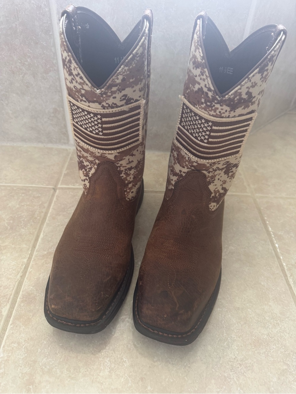 Ariat Brown Leather Cowboy Boots with Camouflage Shaft and Flag Patch